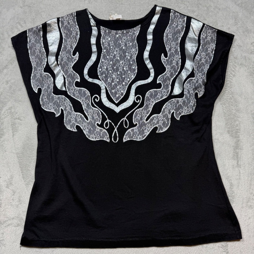 Vintage‎ 80s Black Cotton Blend Silver Lace Glam T-Shirt Top Large